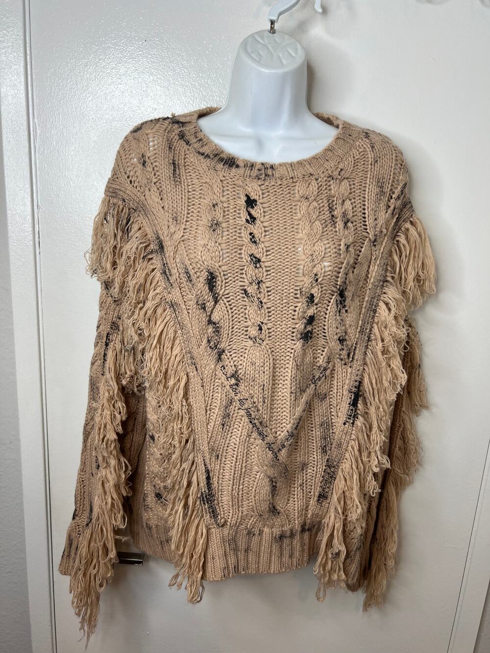 Zannza Couture Women's Fringe Cable Knit Sweater Beige ~ Size XL